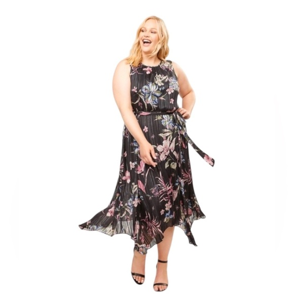 Lane Bryant Black Pink Floral Subtle Metallic Stripes Blouson Midi Dress Sz 24 - Picture 1 of 9